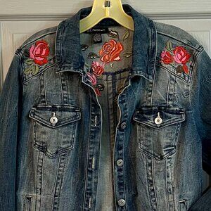 Floral Embroidery Stretch Denim Distressed Jacket by INC